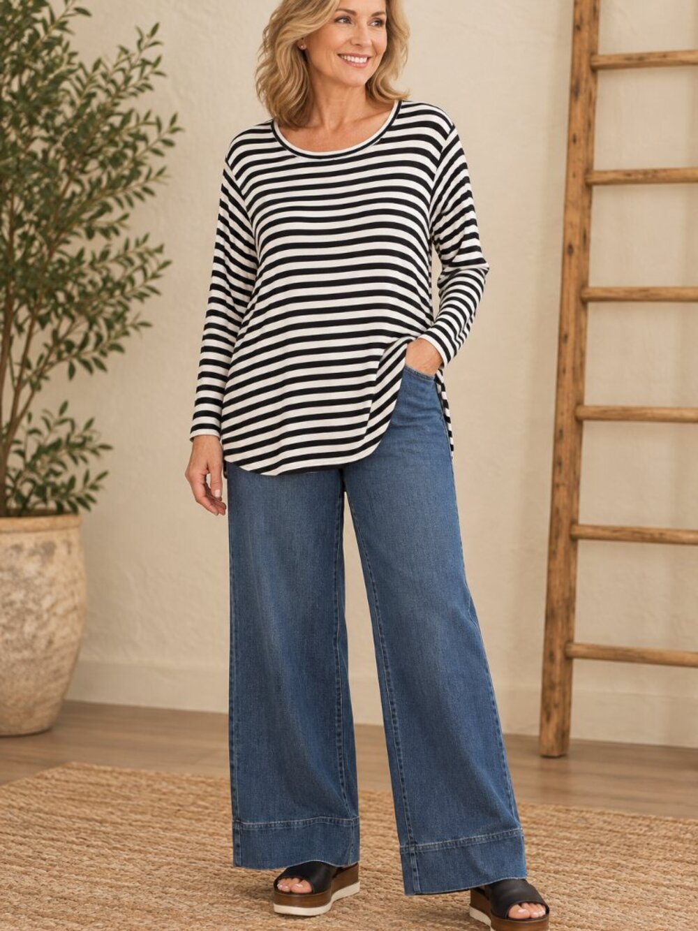 Cabi Bistro Tee 5188 Size L Black White Striped Dolman Long Sleeve Tunic Top